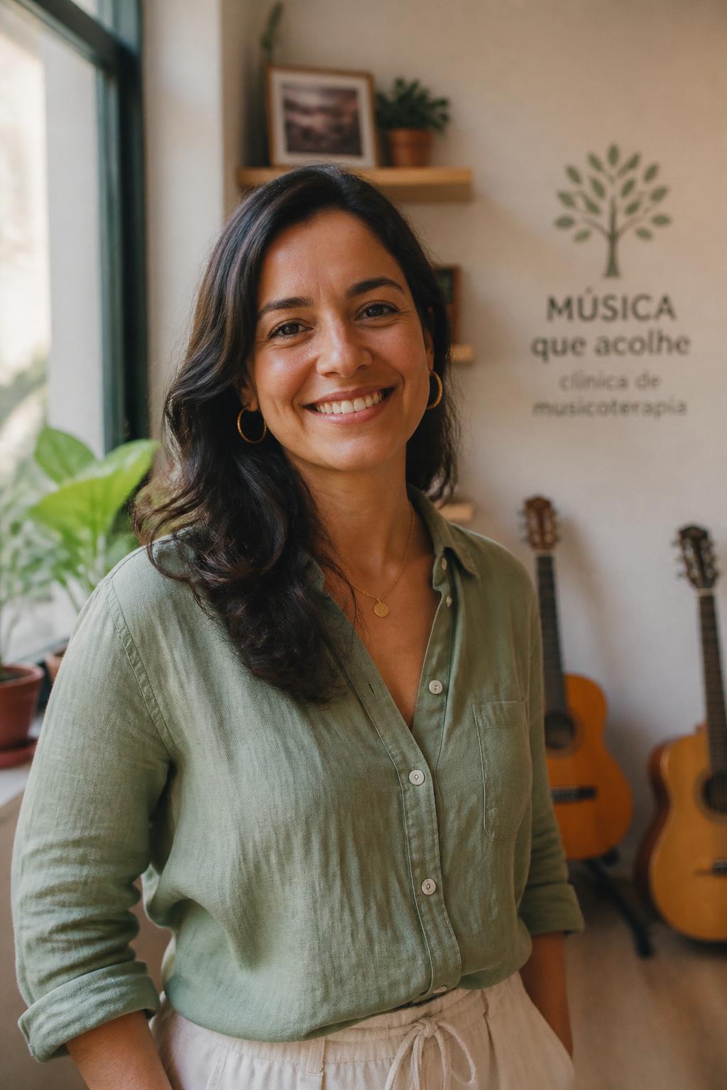 Musicoterapeuta sorrindo no consultório, com violões ao fundo